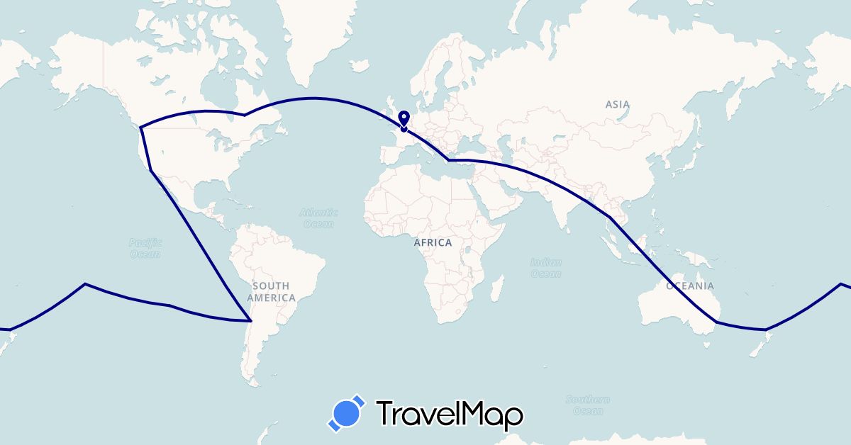 TravelMap itinerary: driving in Australia, Canada, Chile, France, Greece, New Zealand, French Polynesia, Thailand, United States (Asia, Europe, North America, Oceania, South America)